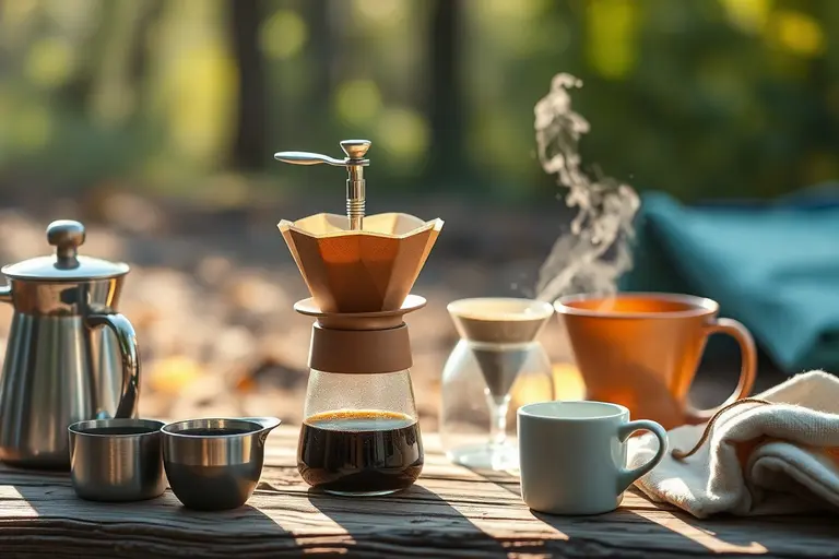 Manuelle Kaffeemühle aus Edelstahl mit abgenommener Kurbel und Reinigungspinsel neben Kaffeebohnen