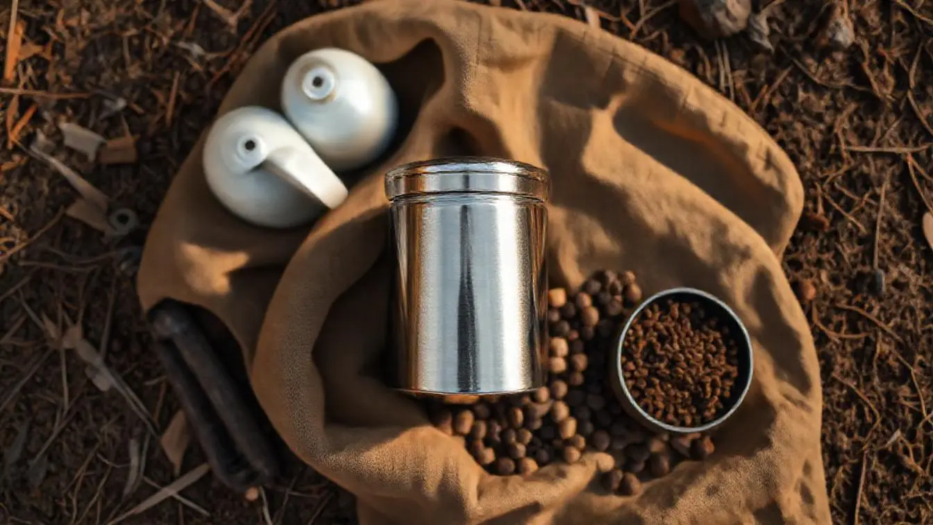 Luftdichte Kaffeedose aus Edelstahl neben Kaffeebohnen und Camping-Kaffeezubehör im Freien