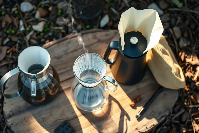 Manuelle Kaffeemühle aus Metall mit abnehmbarer Kurbel und Kaffeebohnen auf einem Holztisch im Freien