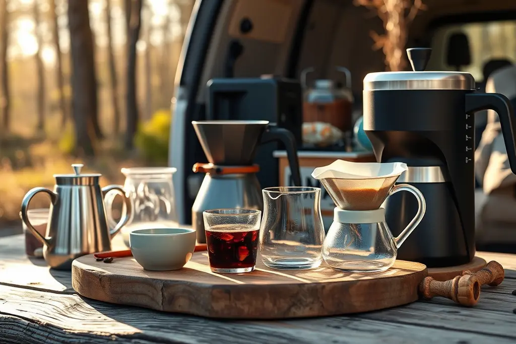 Kompakte 12V-Kaffeemaschine im Innenraum eines Wohnmobils neben einer Tasse Kaffee