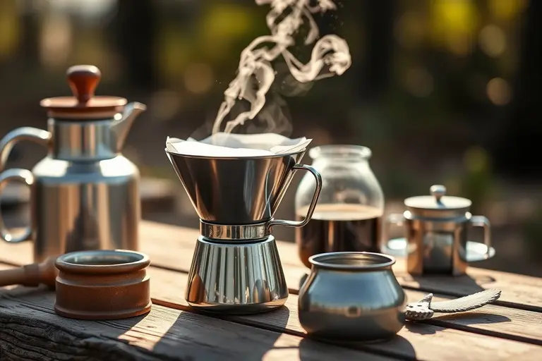 Papierloser Edelstahl-Dauerfilter für Kaffee steht auf einer Kanne beim Camping