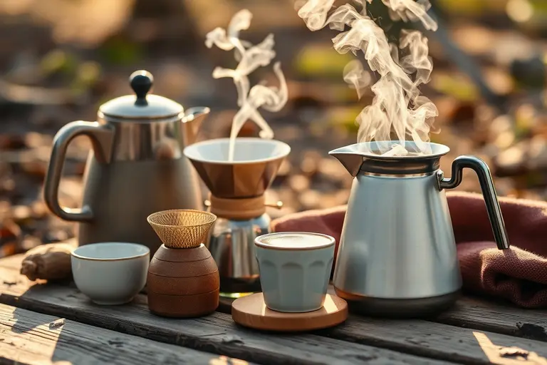 Heißes Wasser wird aus einem Kessel langsam über frisch gemahlenes Kaffeepulver in einem Handfilter gegossen