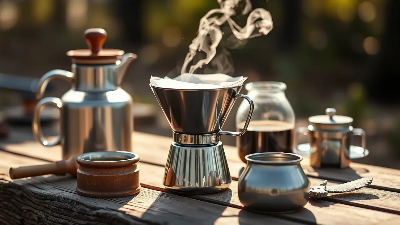 Papierloser Edelstahl-Dauerfilter für Kaffee steht auf einer Kanne beim Camping