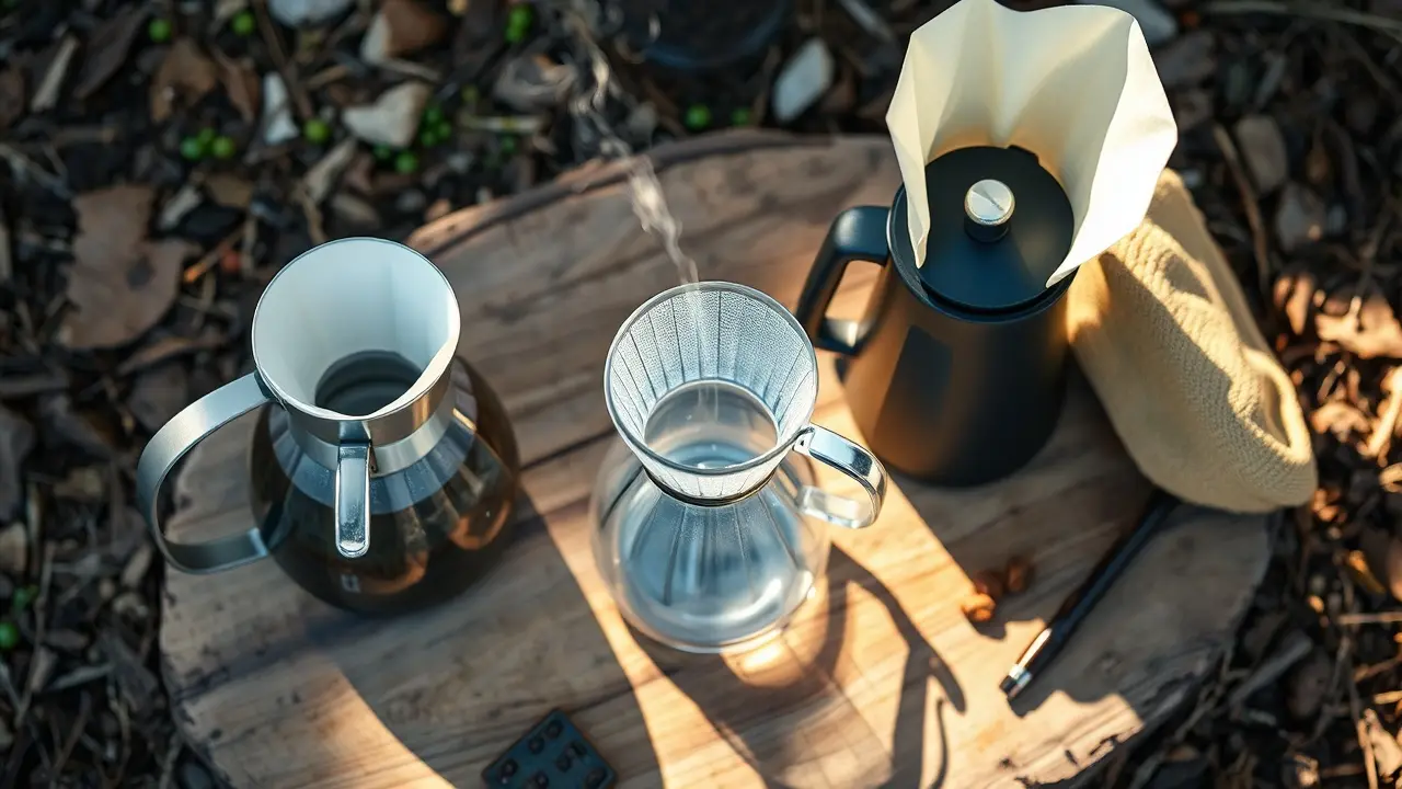 Manuelle Kaffeemühle aus Metall mit abnehmbarer Kurbel und Kaffeebohnen auf einem Holztisch im Freien