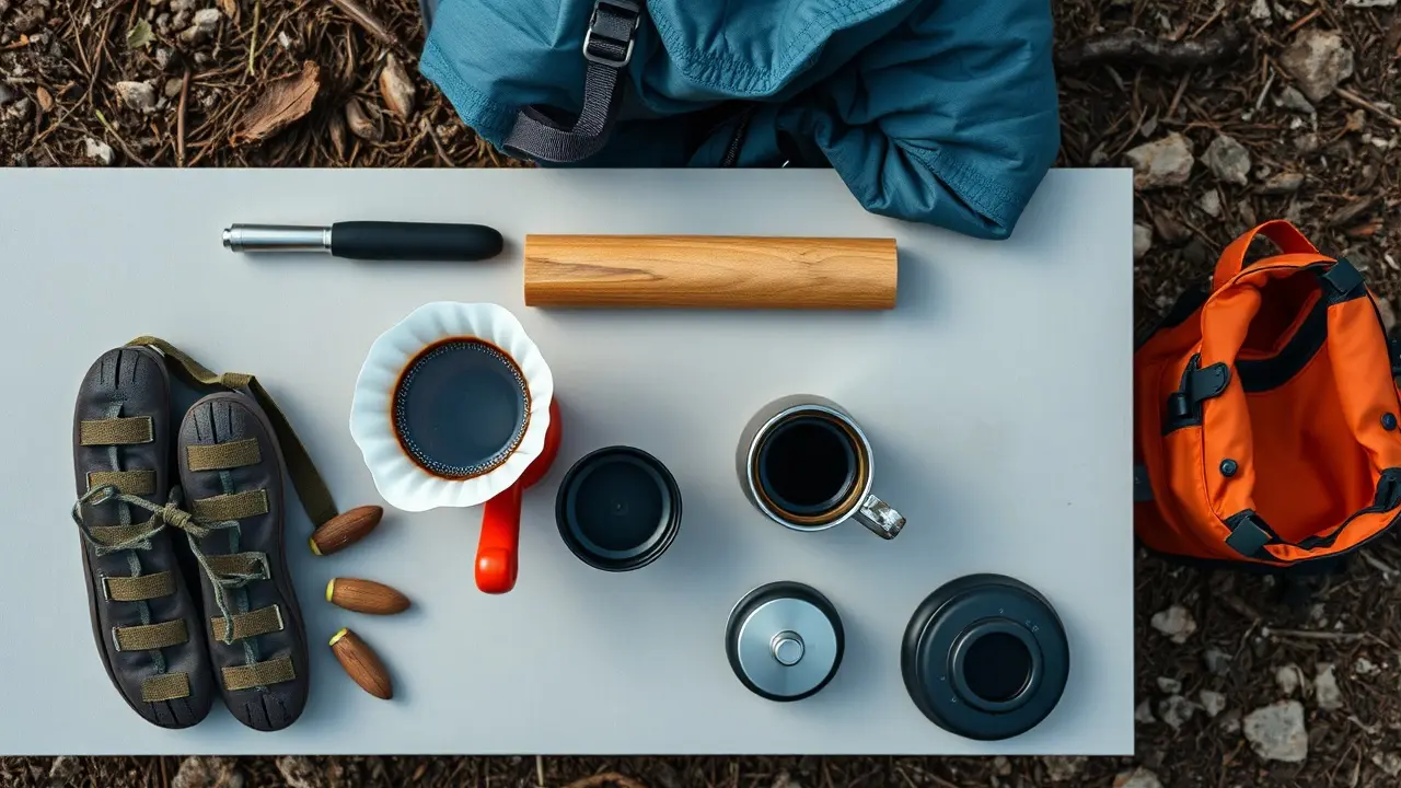 Handfilter auf einer Emaille-Tasse beim Aufgießen von heißem Wasser im Freien auf einem Holztisch