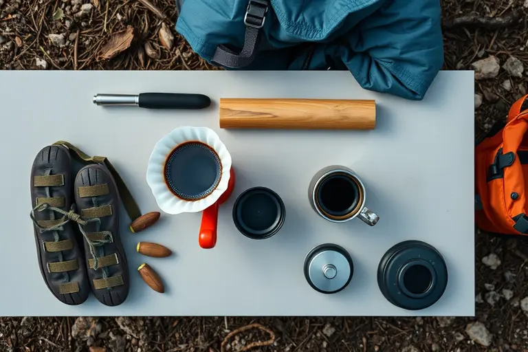 Handfilter auf einer Emaille-Tasse beim Aufgießen von heißem Wasser im Freien auf einem Holztisch