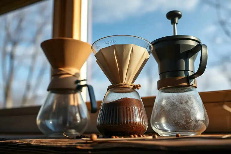 Frisch gemahlenes Kaffeepulver in mittlerer bis mittelgrober Körnung neben einer manuellen Kaffeemühle und einem Handfilter