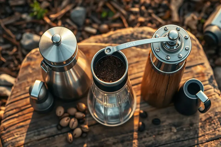 Kompakte manuelle Kaffeemühle mit Kurbel neben ganzen Kaffeebohnen auf einem Holztisch im Freien