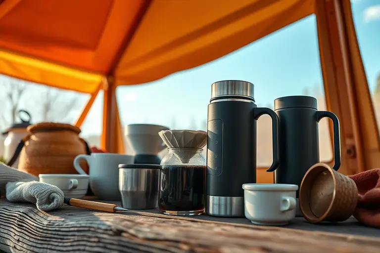 Edelstahldose zur Kaffeeaufbewahrung und eine robuste Isolierkanne stehen auf einem Holztisch im Freien