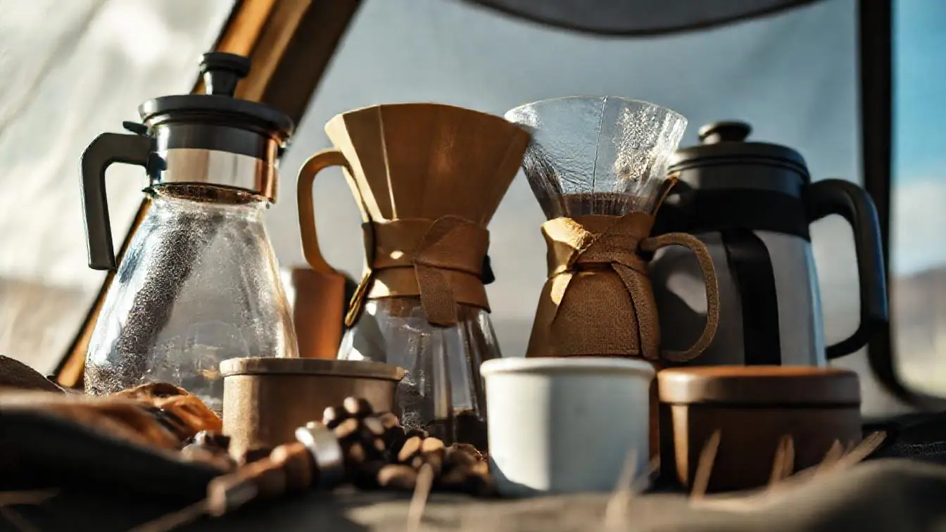Frischer Filterkaffee wird beim Camping im Freien mit einem Handfilter direkt in einen Becher aufgebrüht
