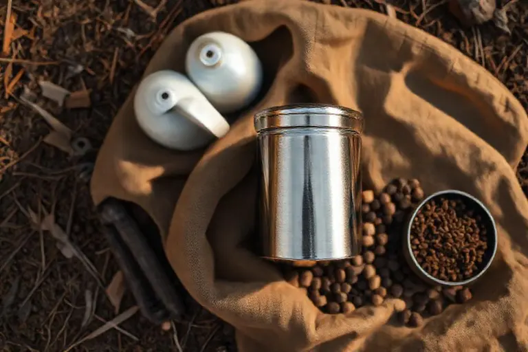 Luftdichte Kaffeedose aus Edelstahl neben Kaffeebohnen und Camping-Kaffeezubehör im Freien