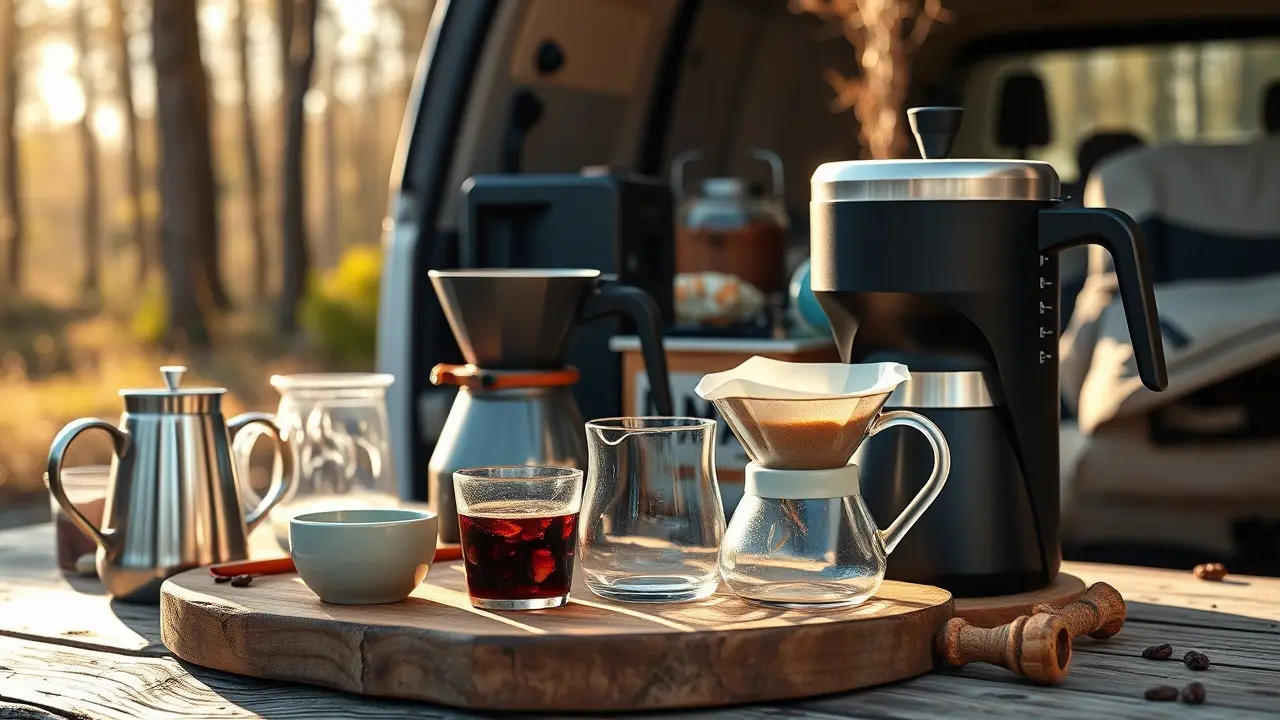 Kompakte 12V-Kaffeemaschine im Innenraum eines Wohnmobils neben einer Tasse Kaffee