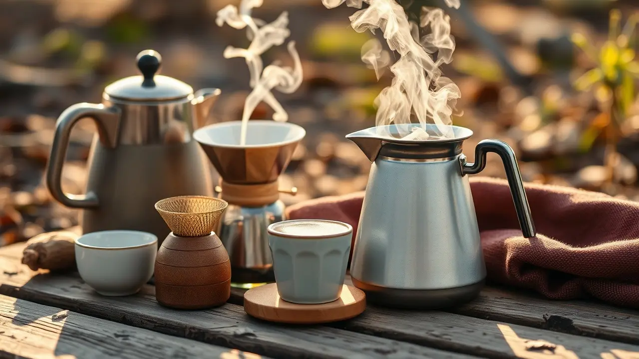 Heißes Wasser wird aus einem Kessel langsam über frisch gemahlenes Kaffeepulver in einem Handfilter gegossen