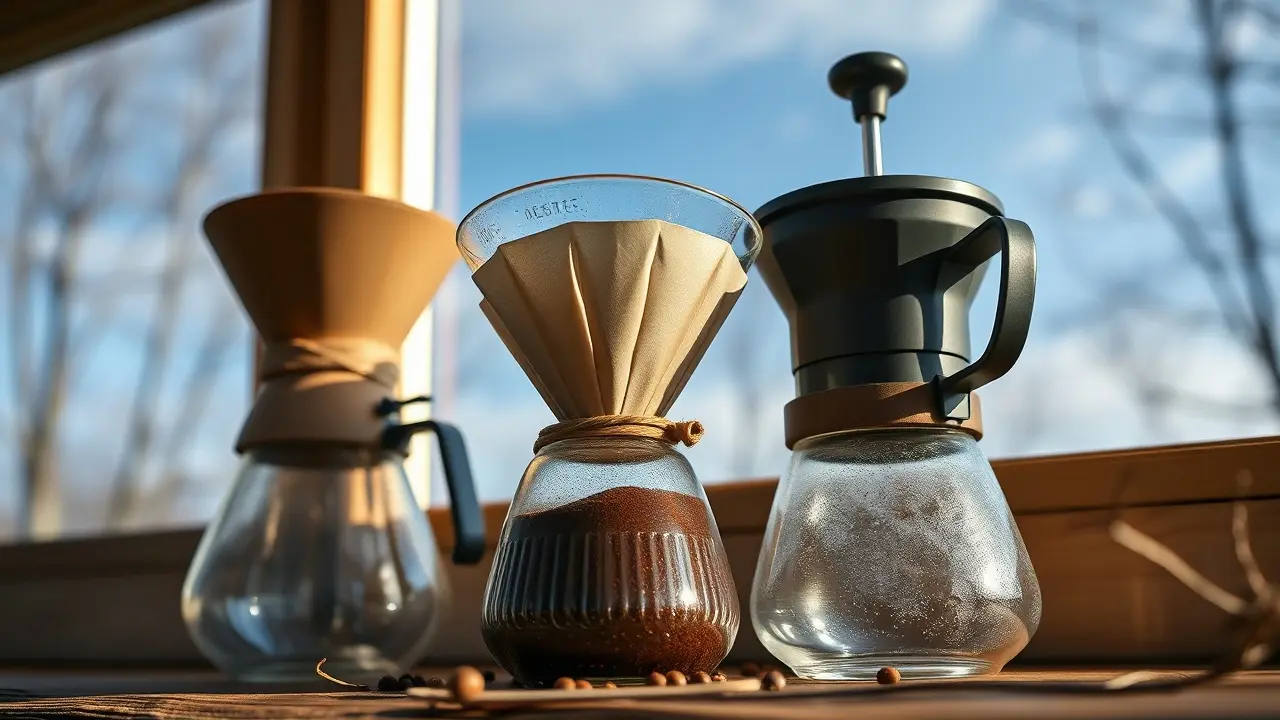 Frisch gemahlenes Kaffeepulver in mittlerer bis mittelgrober Körnung neben einer manuellen Kaffeemühle und einem Handfilter