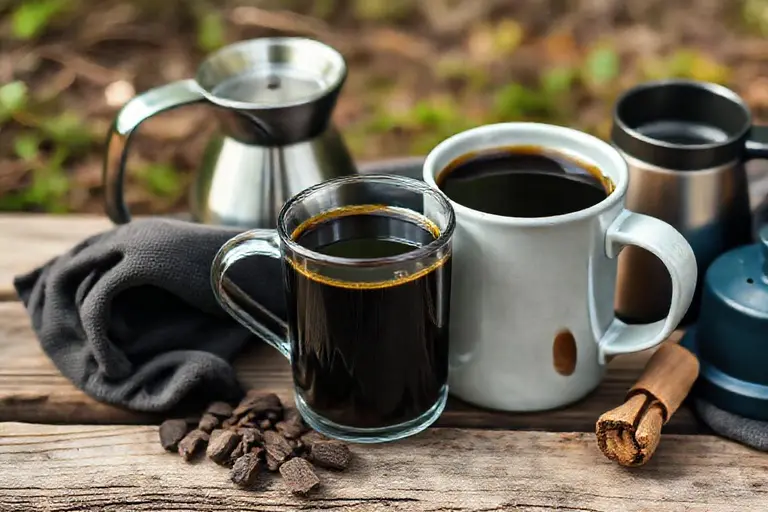 Frisch aufgebrühter Filterkaffee tropft aus einem Handfilter in eine Tasse beim Camping im Freien
