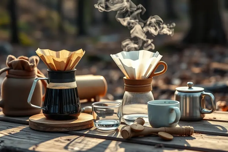 Ein kompakter Camping-Kaffeefilter ruht auf einer Emaille-Tasse im Freien, bereit für den manuellen Handaufguss