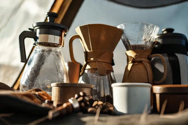 Frischer Filterkaffee wird beim Camping im Freien mit einem Handfilter direkt in einen Becher aufgebrüht