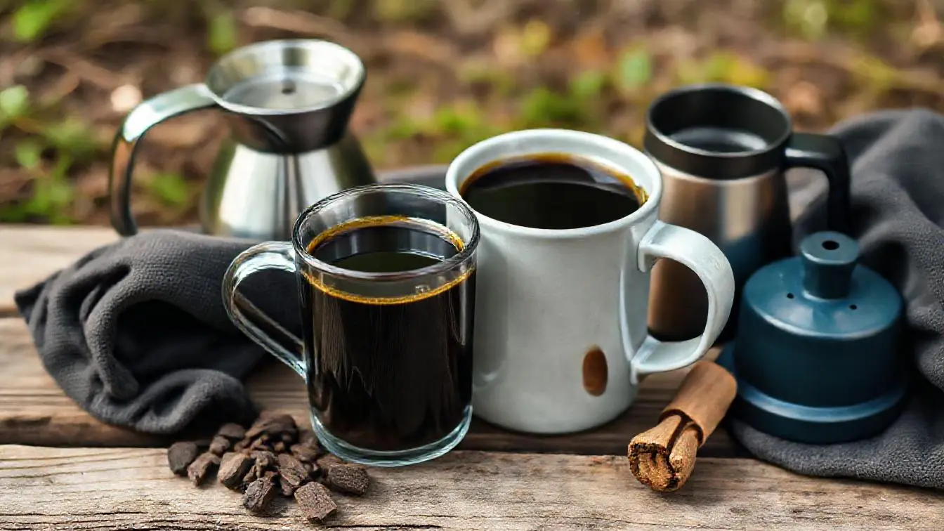 Frisch aufgebrühter Filterkaffee tropft aus einem Handfilter in eine Tasse beim Camping im Freien
