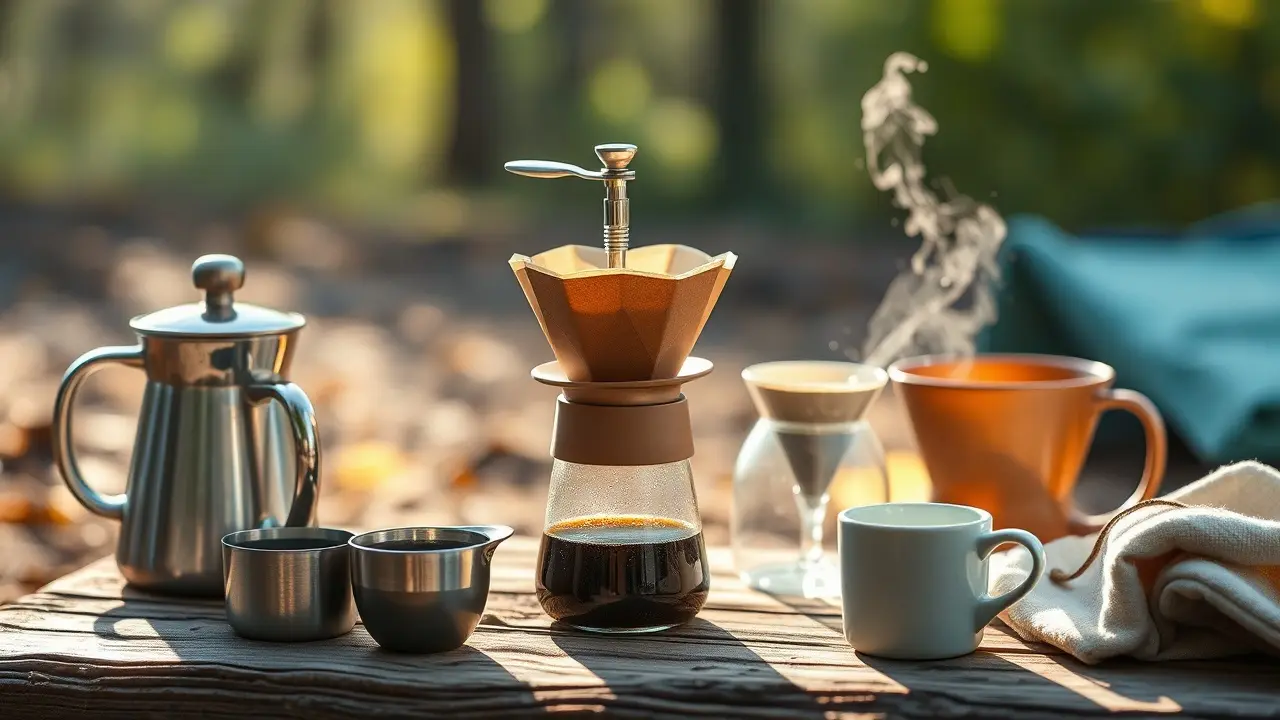 Manuelle Kaffeemühle aus Edelstahl mit abgenommener Kurbel und Reinigungspinsel neben Kaffeebohnen
